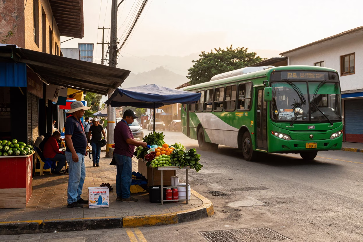 Medellin Colombia street scene early afternoon with local commerce and transit in in Medellin, Colombia