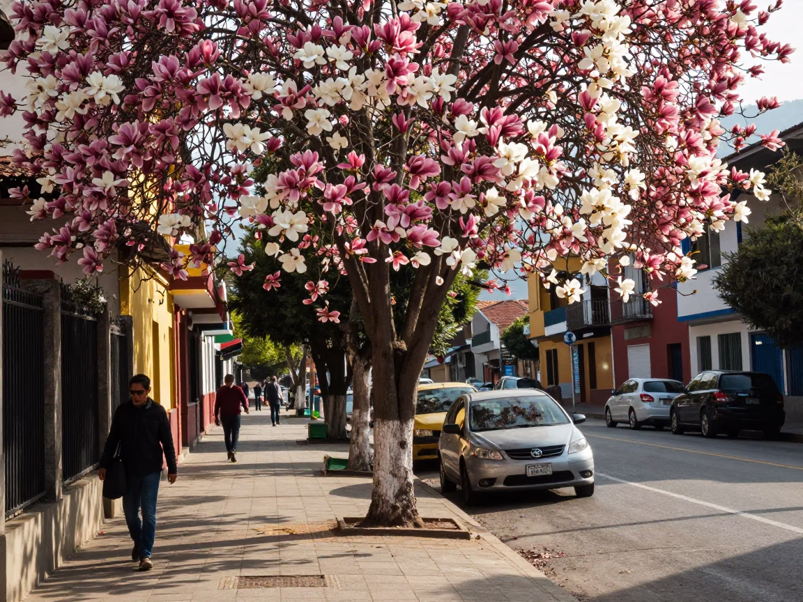 Medellin Colombia Street Scene Early Afternoon with Magnolia Tree and Local Life in in Medellin, Colombia