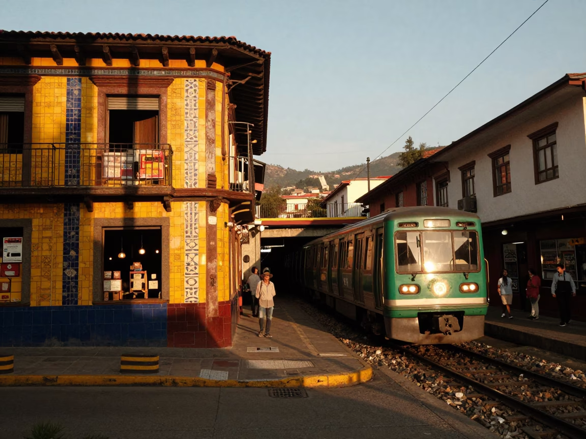 Medellin Colombia Street Scene Honeyed Evening Light Metro Train Emerging Tunnel in in Medellin, Colombia