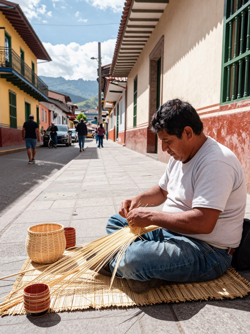 Medellin Colombia street scene midmorning light with local artisan weaving sweetgrass baskets in in Medellin, Colombia
