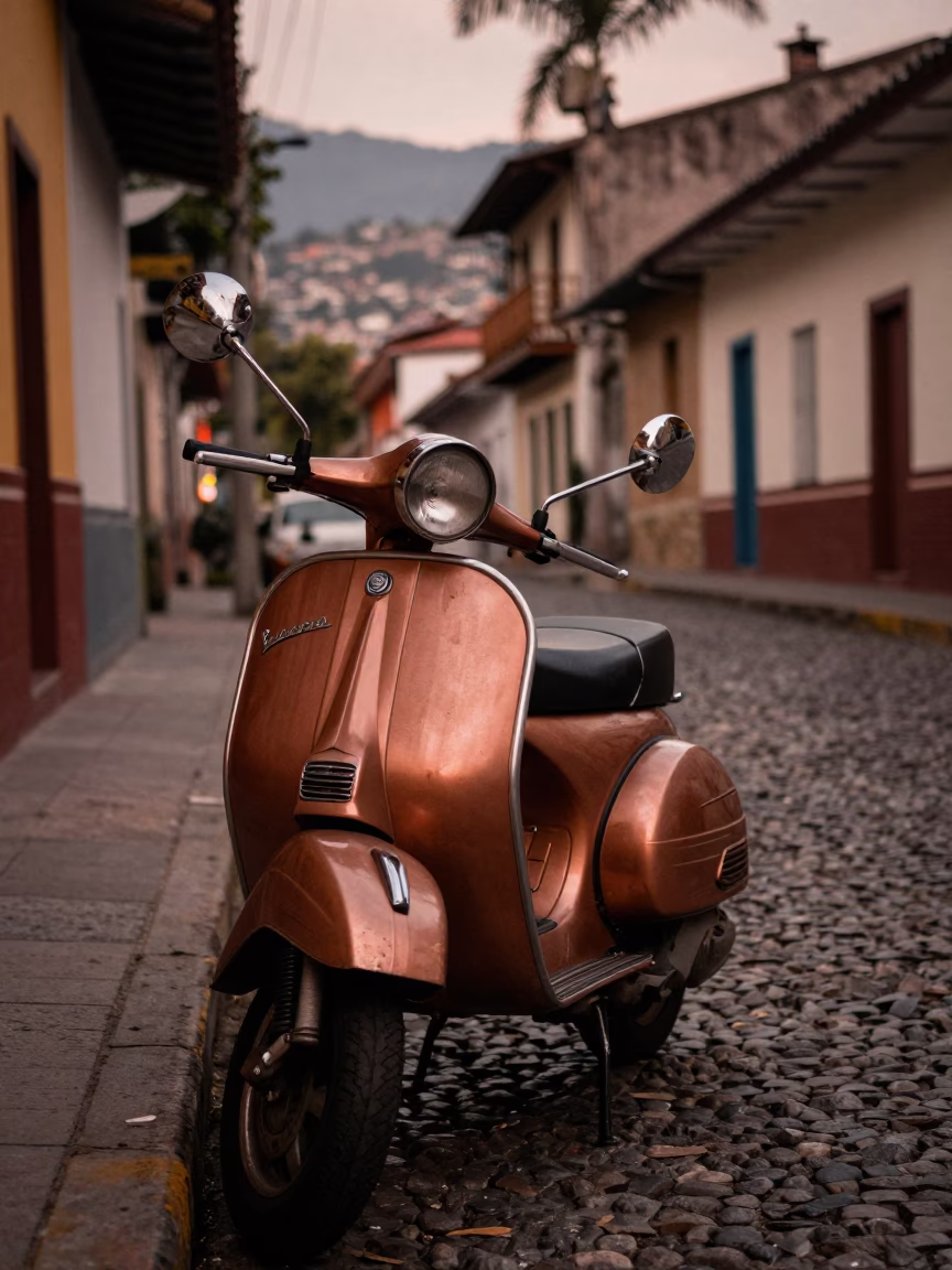 Medellin Colombia street scene vintage Vespa parked on cobblestone lane in copper dusk light in in Medellin, Colombia