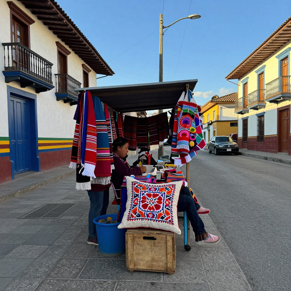 Medellin Colombia Street Scene with Embroidered Cushion and Local Market Activity in in Medellin, Colombia