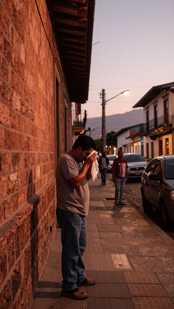 Medellin Colombia Street Scene with Handkerchief in Copper Dusk Light Before Nightfall in in Medellin, Colombia
