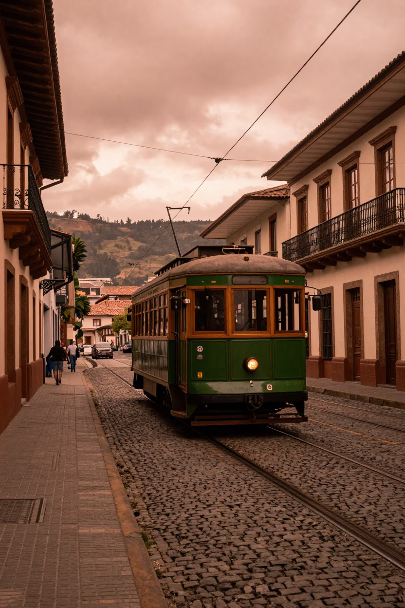 Medellin Colombia Street Scene with Heritage Tram and Copper Dusk Light in in Medellin, Colombia