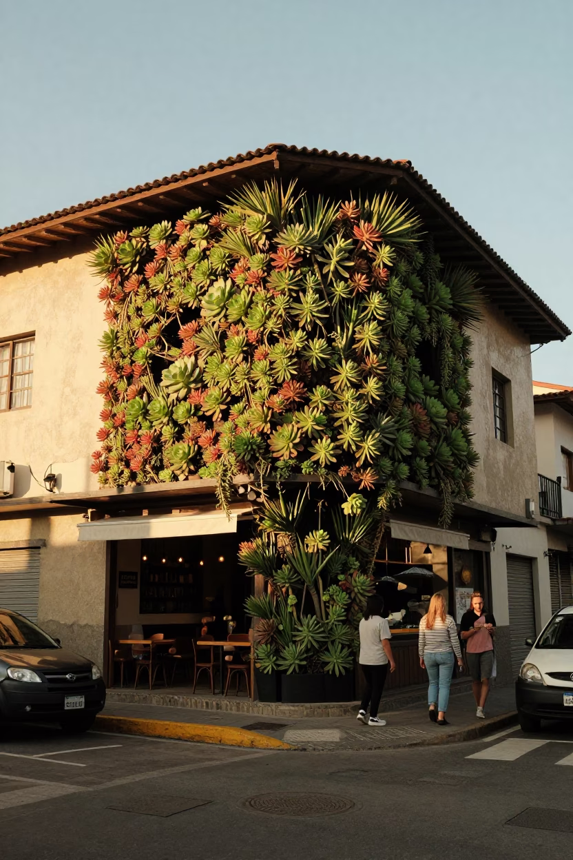 Medellin Colombia street scene with succulent living wall cafe exterior in honeyed evening light in in Medellin, Colombia