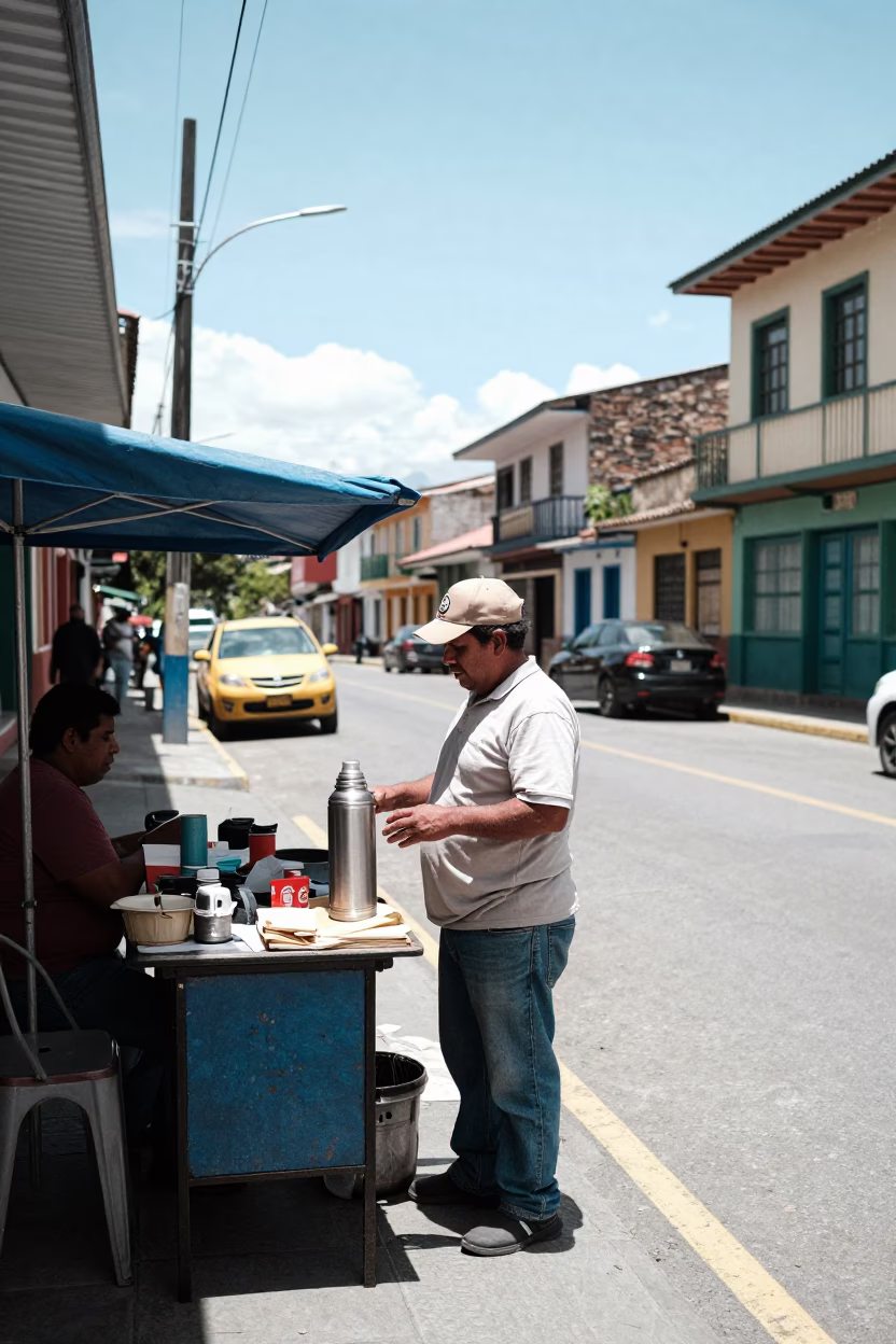 Medellin Colombia Street Scene with Thermos in Bright Midmorning Light in in Medellin, Colombia