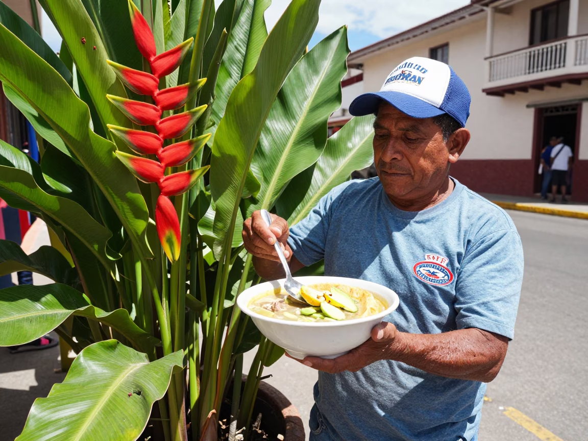 Medellin Colombia Street Vendor Lunch with Heliconia Flowers and Tortilla Soup under Noon Sun in in Medellin, Colombia