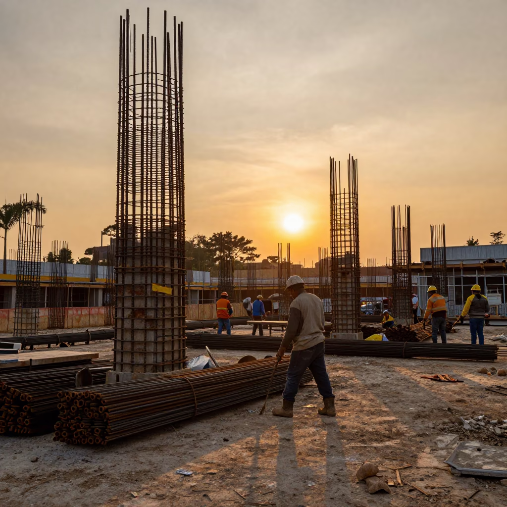 Medellin Colombia Sunset Construction Site with Rebar and Workers in in Medellin, Colombia