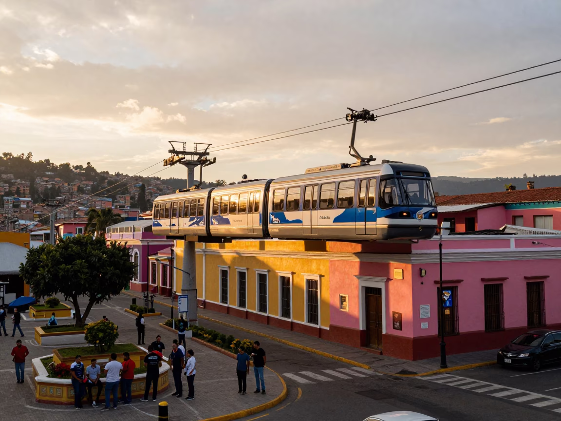 Medellin Colombia Sunset Monorail Over Colorful Street Life and Substation Details in in Medellin, Colombia
