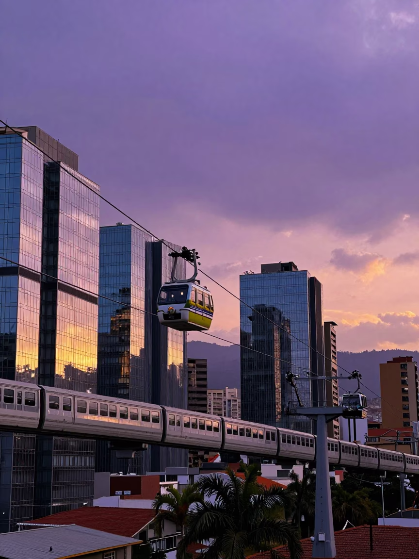 Medellin Colombia Sunset Monorail Passing Glass Towers and Palm Trees in in Medellin, Colombia