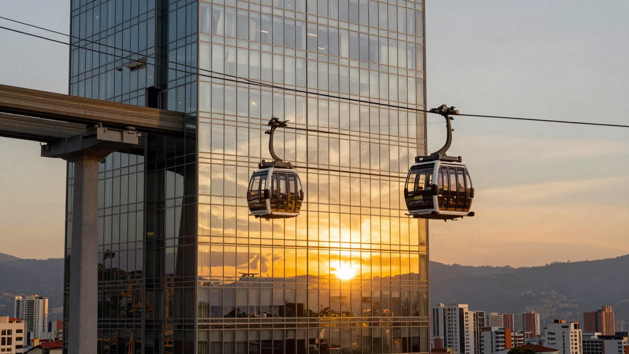 Medellin Colombia Sunset Monorail Reflection in Glass Skyscraper in in Medellin, Colombia
