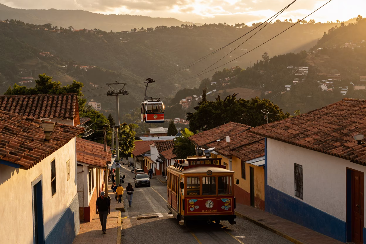 Medellin Colombia Sunset Street Scene with Cable Car and Local Life in in Medellin, Colombia