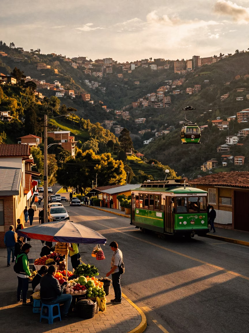 Medellin Colombia Sunset Street Scene with Cable Car Crossing Valley and Local Market Activity in in Medellin, Colombia