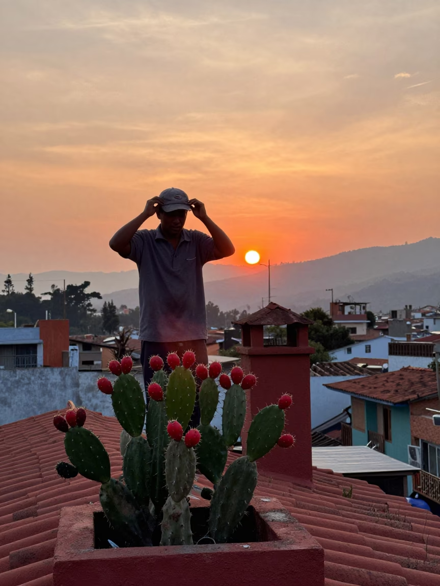 Medellin Colombia Sunset Street Scene with Chimney Sweep and Prickly Pear Cactus in in Medellin, Colombia
