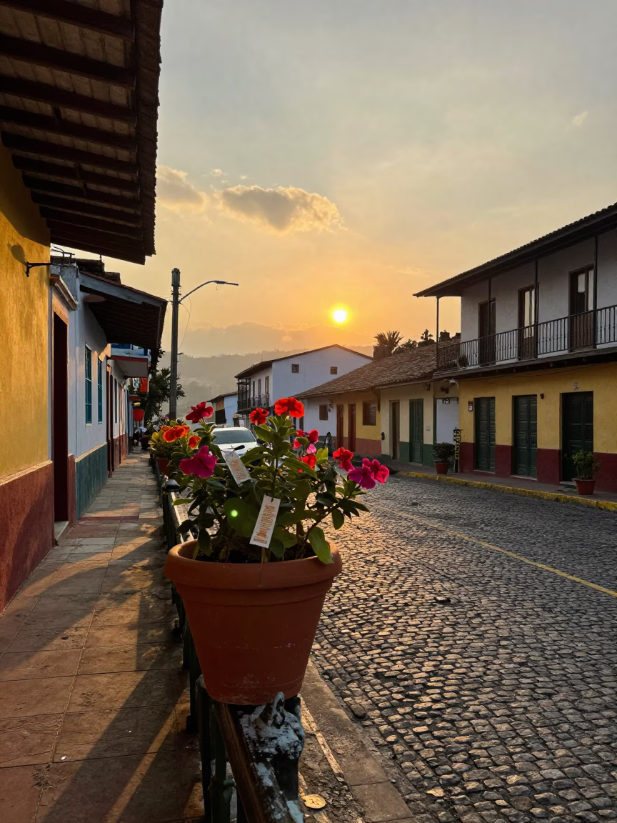 Medellin Colombia Sunset Street Scene with Flowerpot and Bookmarks on Balcony in in Medellin, Colombia