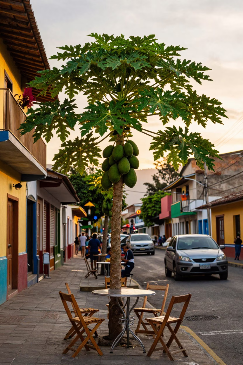 Medellin Colombia Sunset Street Scene with Papaya Tree and Folding Stools in in Medellin, Colombia