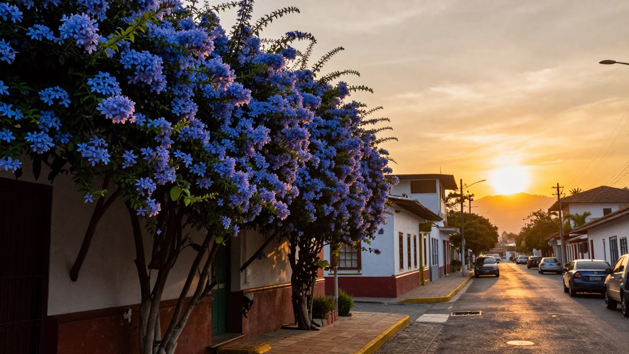 Medellin Colombia Sunset Street Scene with Plumbago Hedge and Vintage Bicycle Rack in in Medellin, Colombia