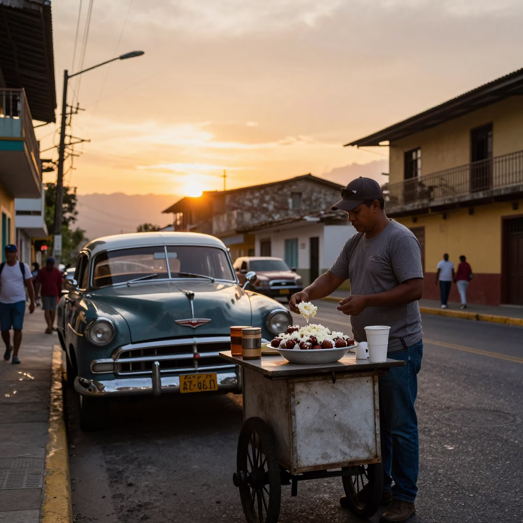 Medellin Colombia Sunset Street Scene with Vintage Car and Elote Vendor in in Medellin, Colombia