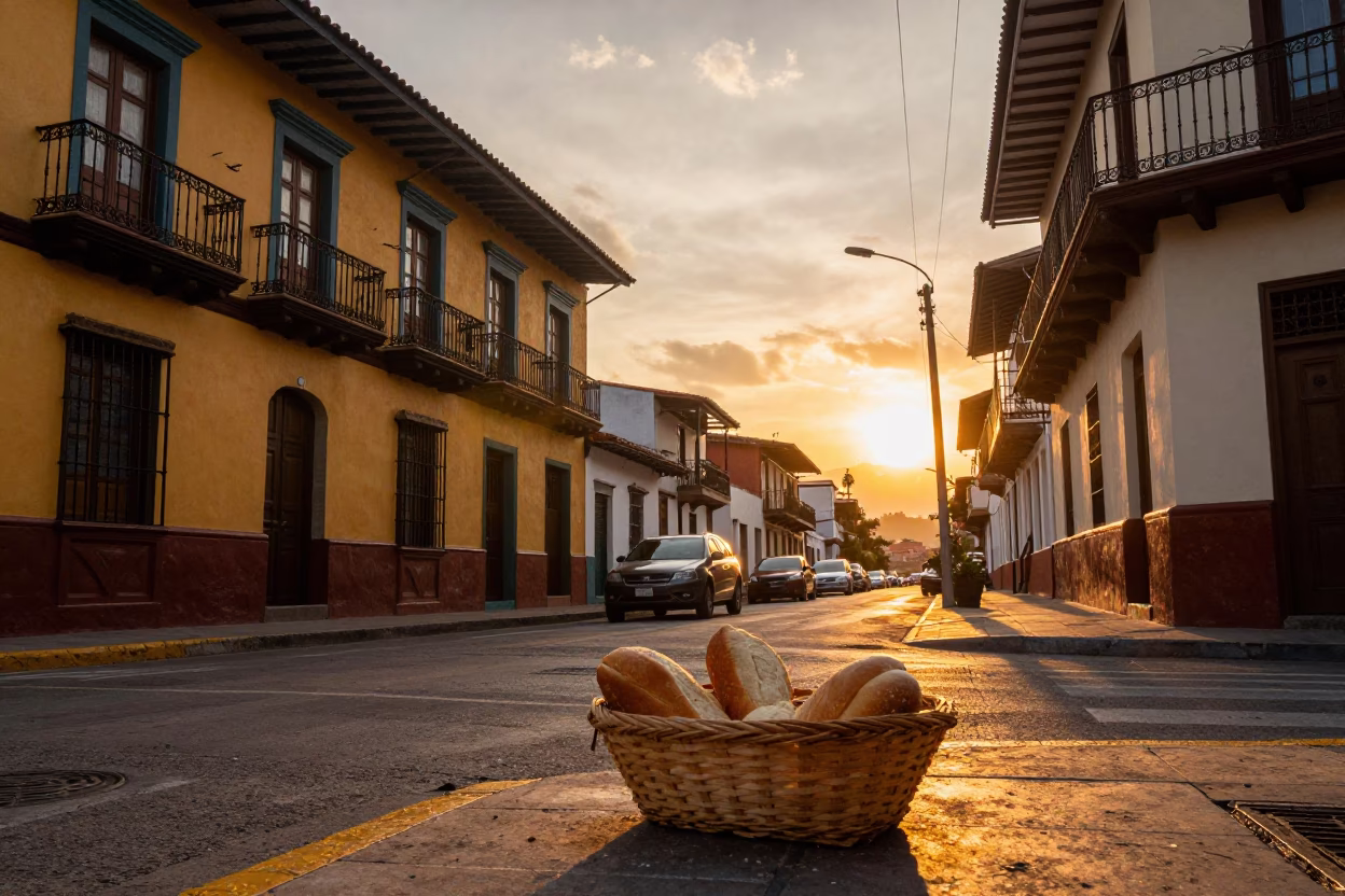 Medellin Colombia Sunset Street Scene with Woven Bread Basket and Bar Stools in in Medellin, Colombia