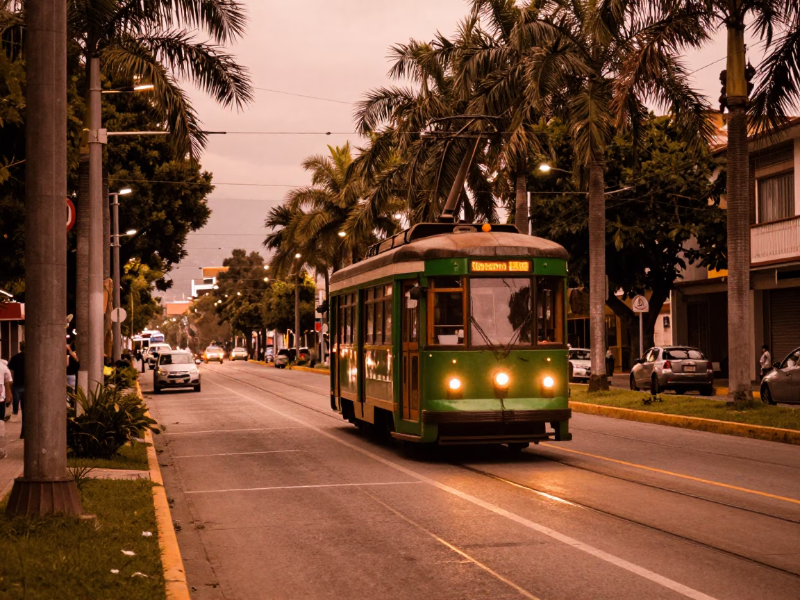 Medellin Colombia Tramcar on Tree-Lined Boulevard in Copper-Toned Dusk Light in in Medellin, Colombia