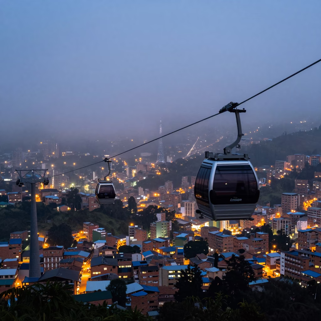 Medellin Colombia Twilight Aerial Tramway Over Foggy Mountain Valley with City Lights in in Medellin, Colombia