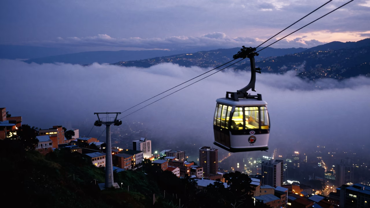 Medellin Colombia Twilight Metro Cable Car Crossing Clouds Over Urban Hillsides in in Medellin, Colombia
