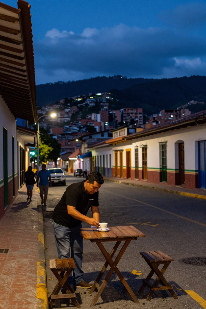Medellin Colombia Twilight Street Scene with Coffee Cupper and Traditional Procession Elements in in Medellin, Colombia