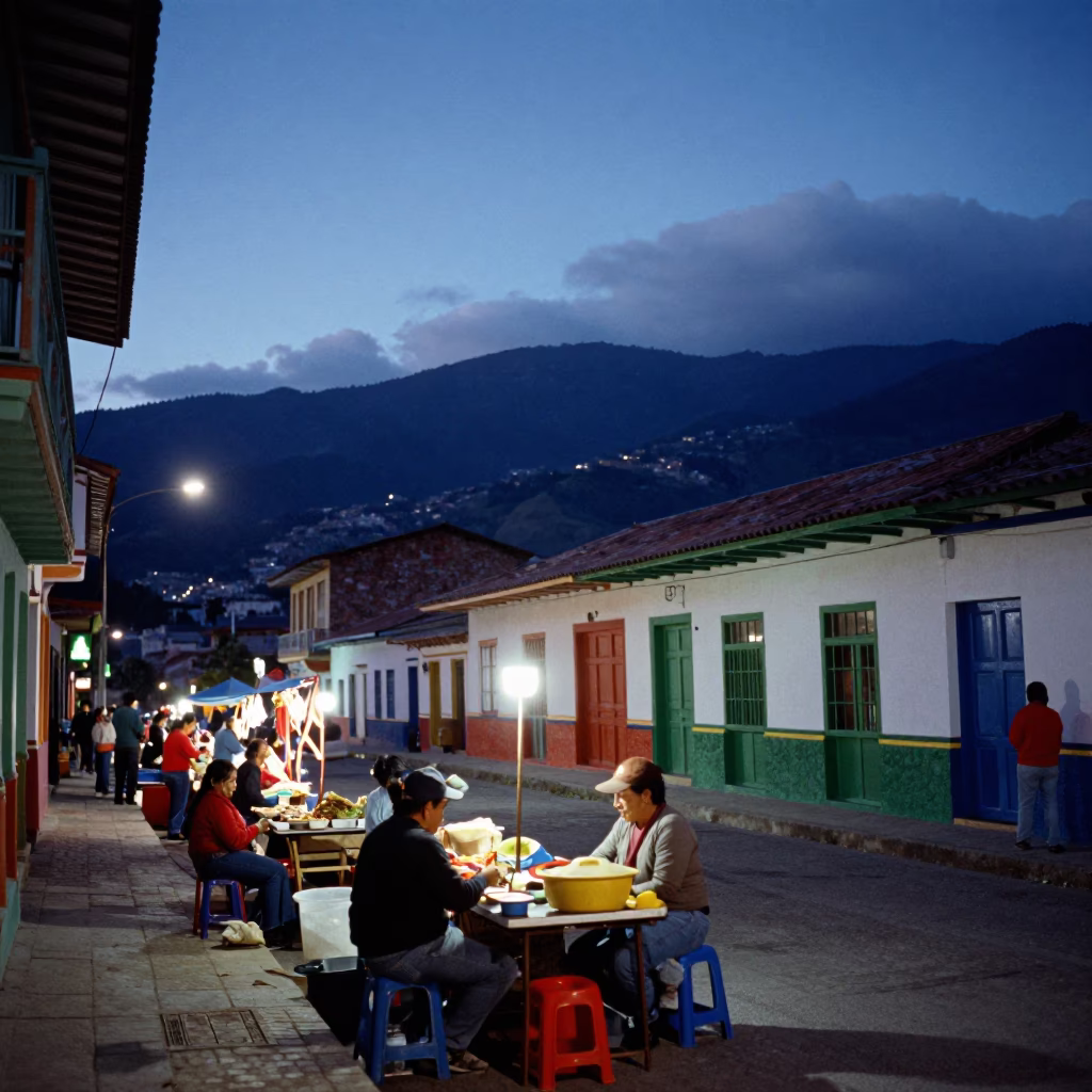 Medellin Colombia twilight street scene with local vendors and colorful awnings in in Medellin, Colombia
