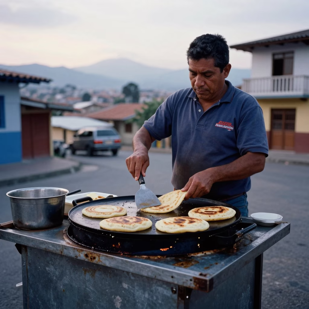 Medellin Cooking Arepas at Nautical Dawn Light in in Medellin, Colombia