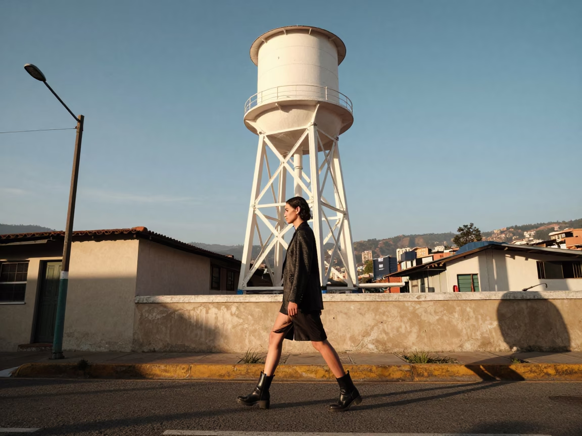Medellin Fashion Model Walking Past Rooftop Water Tower in in Medellin, Colombia