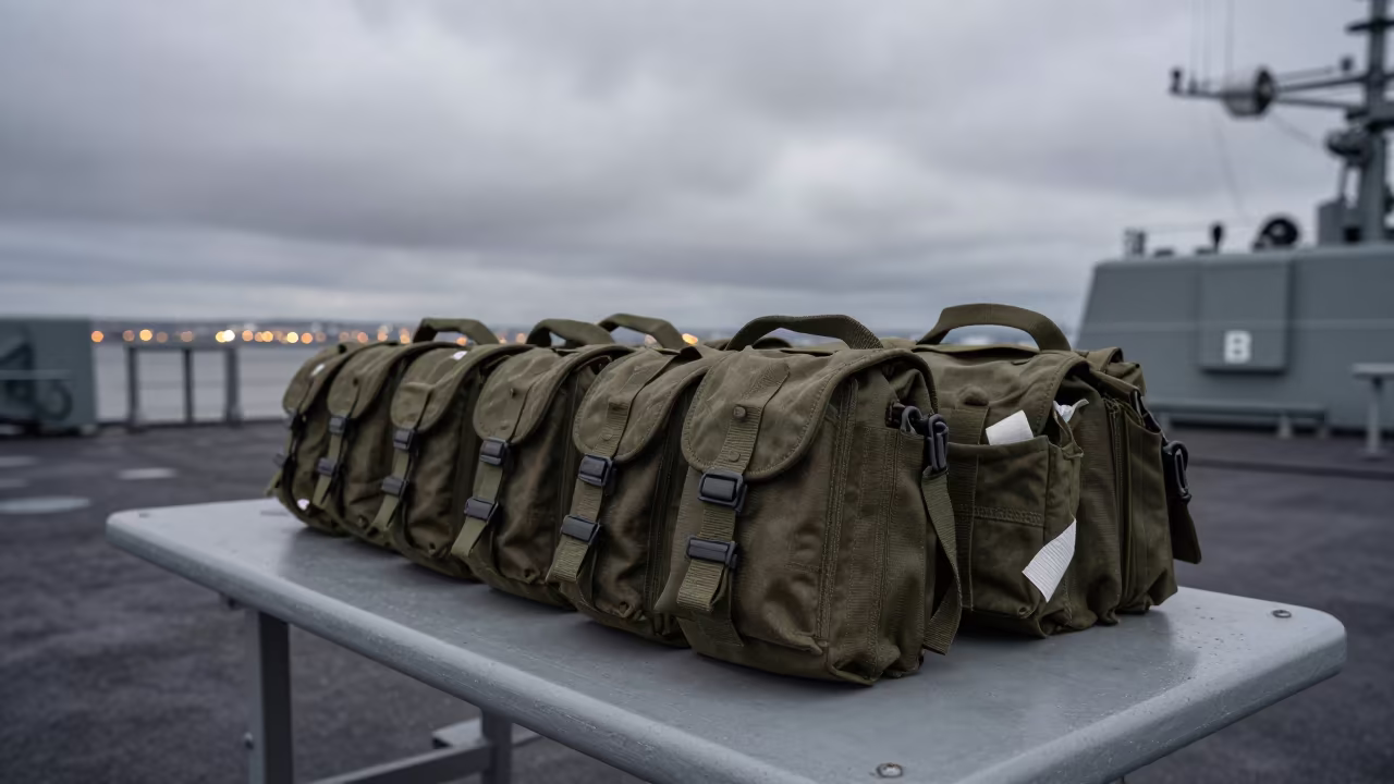Medic Pouch Restock on Naval Deck Before Dawn in on a naval deck in rough wind in Kerman