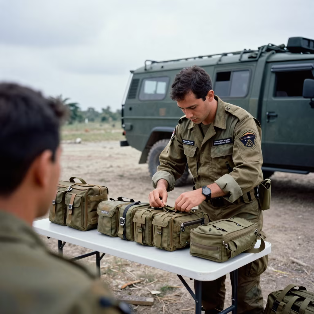 Medic Pouch Restock Table Before Formation Makassar in beside a convoy halt on open ground in Makassar