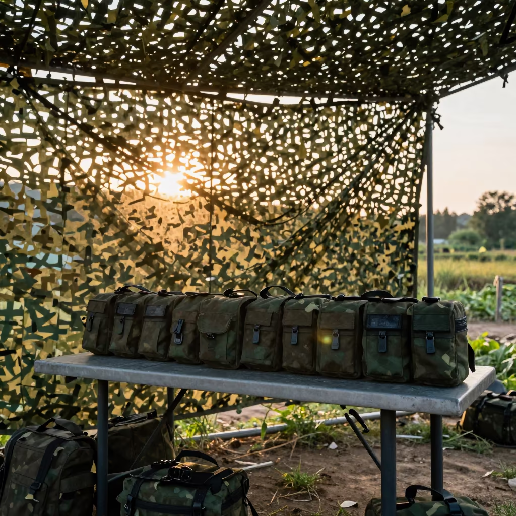 Medic Pouch Restock Table Under Camo Net in beneath a camouflage net shelter in Guizhou