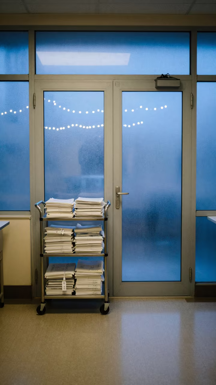 Medical Cart Passing Frosted Glass at Shift Change in in a surgical prep area near Latina