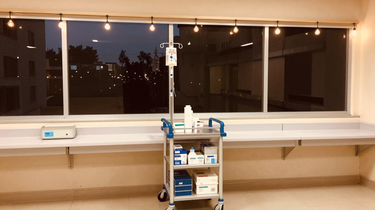 Medical Cart at Nurse Station with String Lights in at a nurse station work surface near Surat