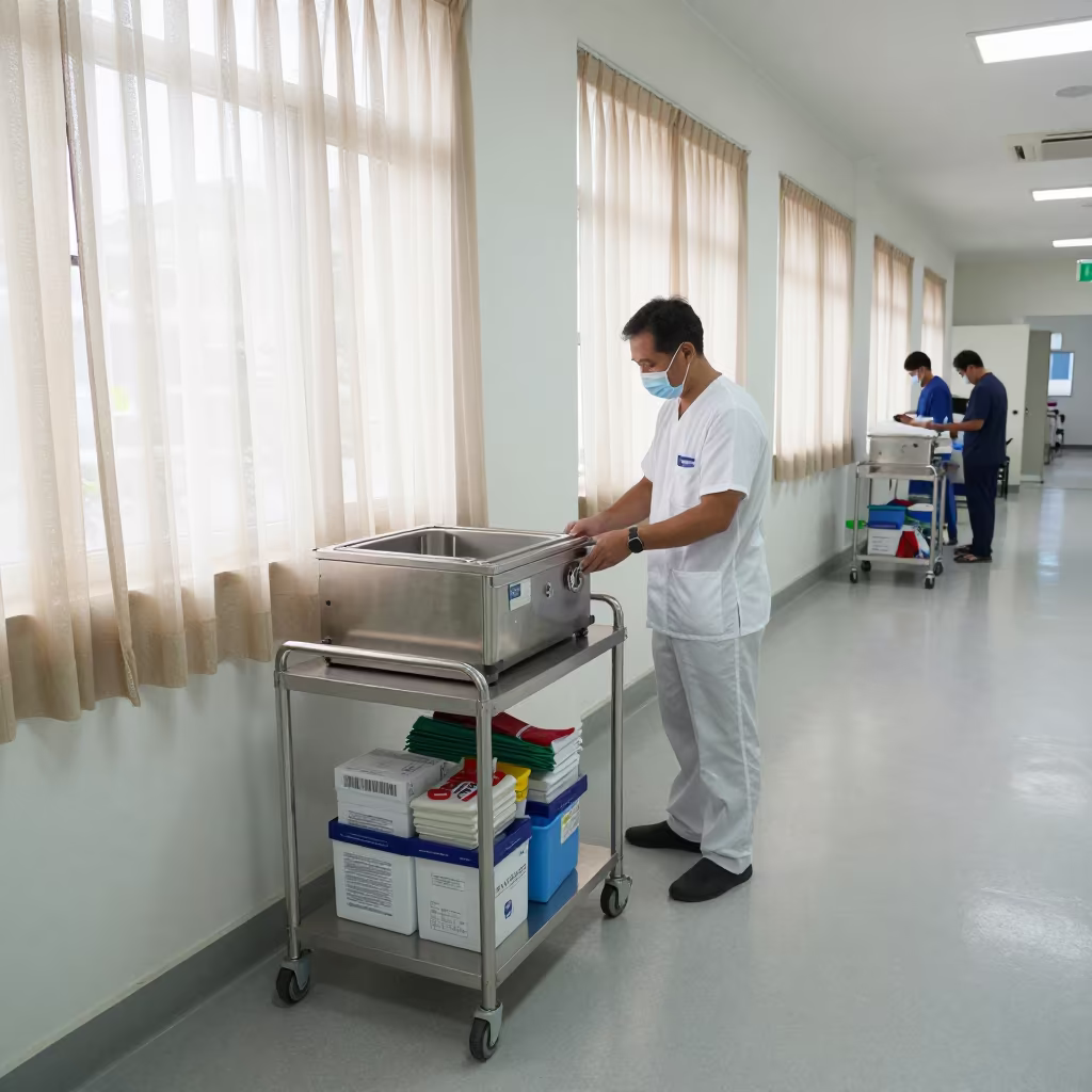 Medical Cryobox Handoff Tote Therapy Corridor in along a therapy corridor with organized equipment near Kuala Terengganu