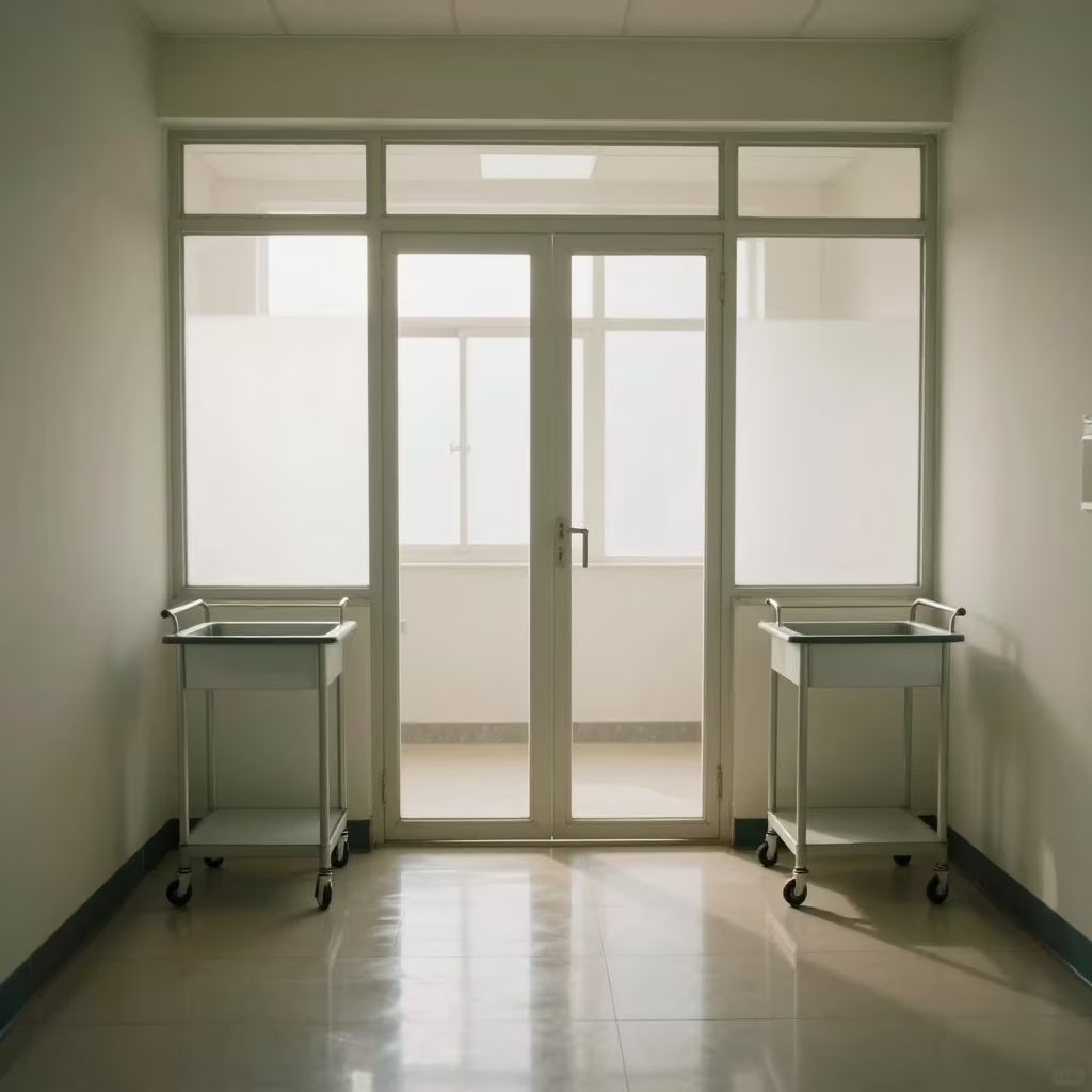 Medical Records Cart Rolling Past Frosted Glass in inside an imaging suite near Qena