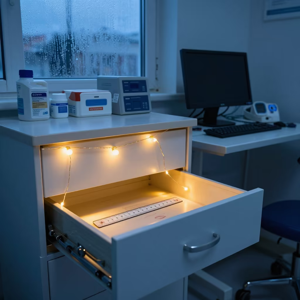 Medical Ruler Drawer at Nurse Station in at a nurse station under monitor glow in Aksaray