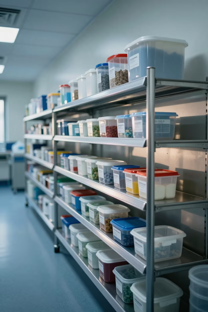 Medical Specimen Fridge Shelf in San Jose Hospital in inside a hospital corridor in San Jose