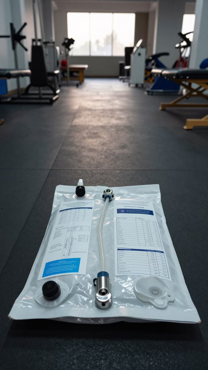 Medical Supplies on Rehab Gym Floor at Dawn in inside a rehabilitation gym in Bangalore