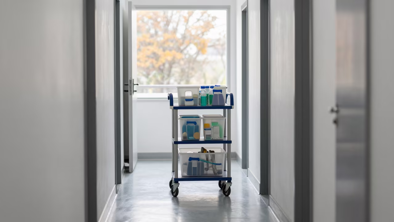 Medical Supply Cart Outside Isolation Room in inside a prep corridor with organized storage near Chishtian