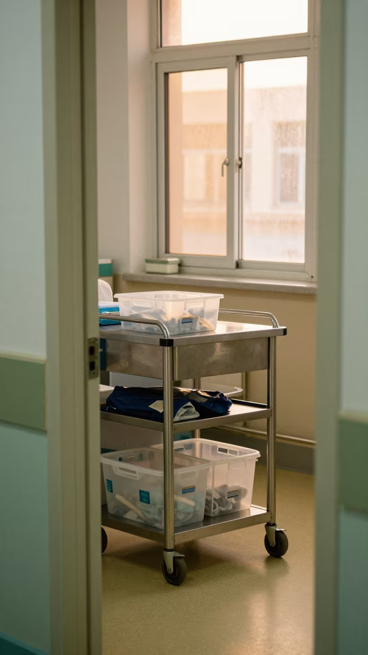Medical Supply Cart Outside Isolation Room Golden Hour in at a nurse station work surface in Qingdao