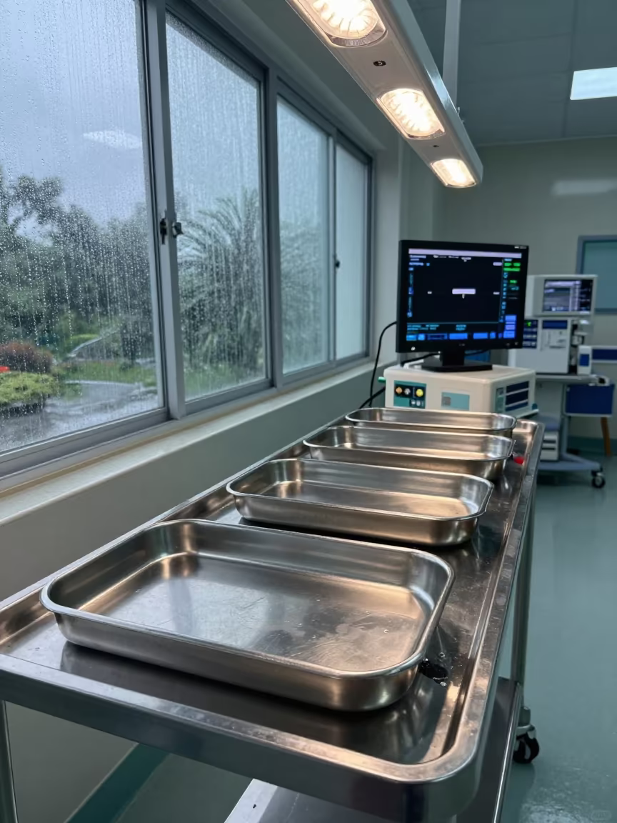 Medical Suture Tray on Nurse Station Shelf in at a nurse station under monitor glow in Tawau