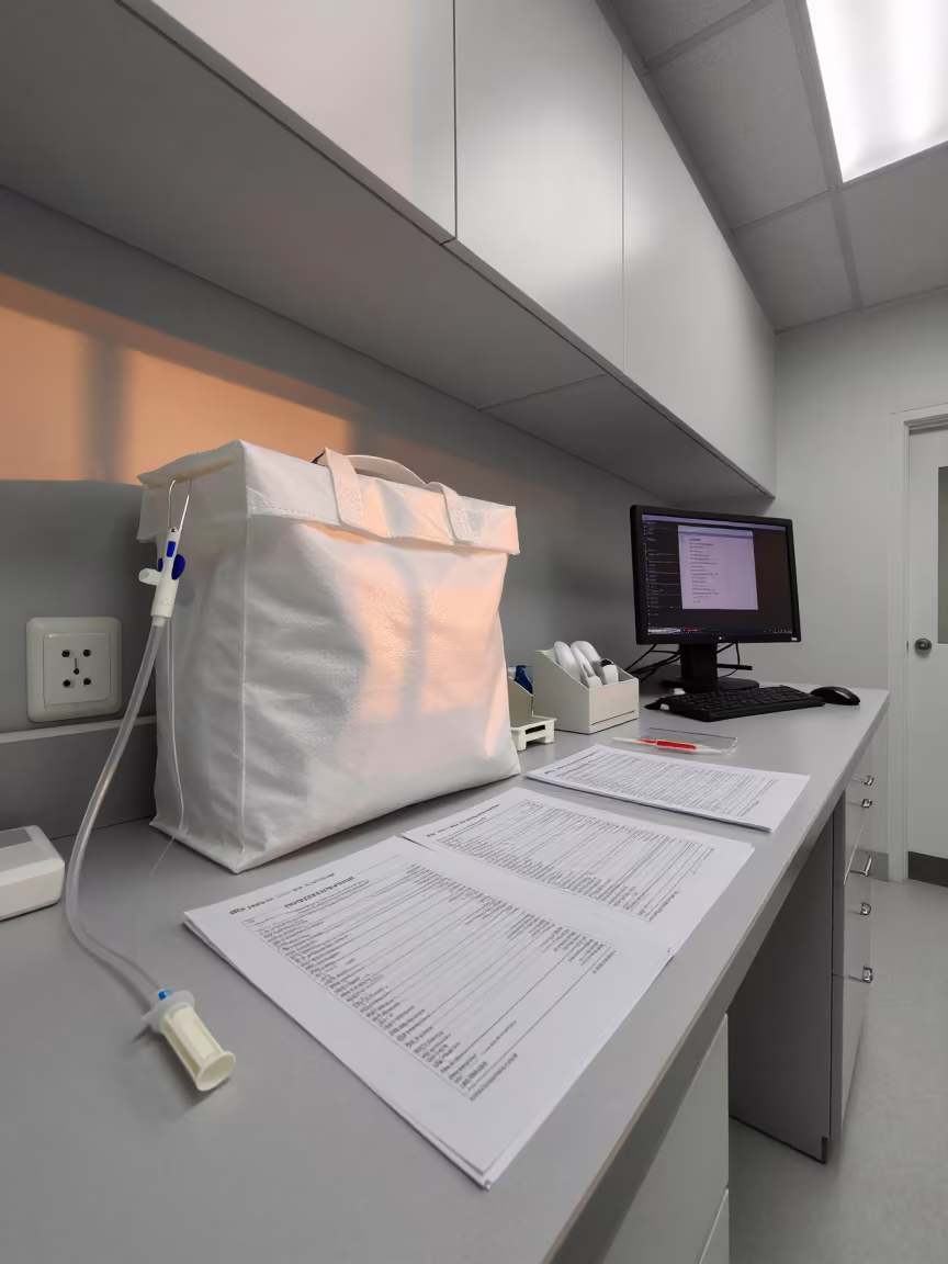 Medical Tourniquet Bag on Nurse Station Desk in at a nurse station under monitor glow near Guadalupe