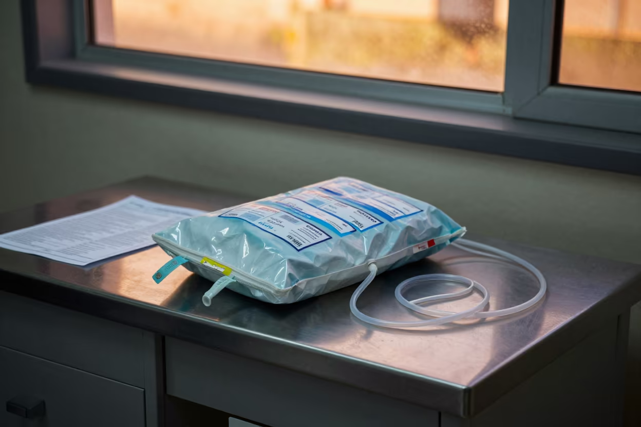 Medical Tourniquet Bag on Stainless Steel Desk in inside an imaging suite in Sidi Bel Abbès