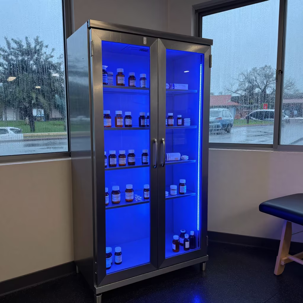 Medication Cabinet in Rehab Gym Evening Light in inside a rehabilitation gym near Veracruz