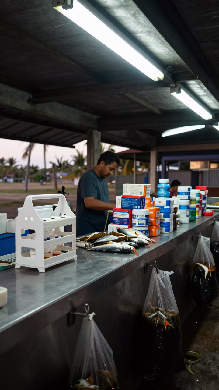 Medication Caddy and Fish Bagging Counter Before Dawn in inside a fish bagging counter zone near Udu