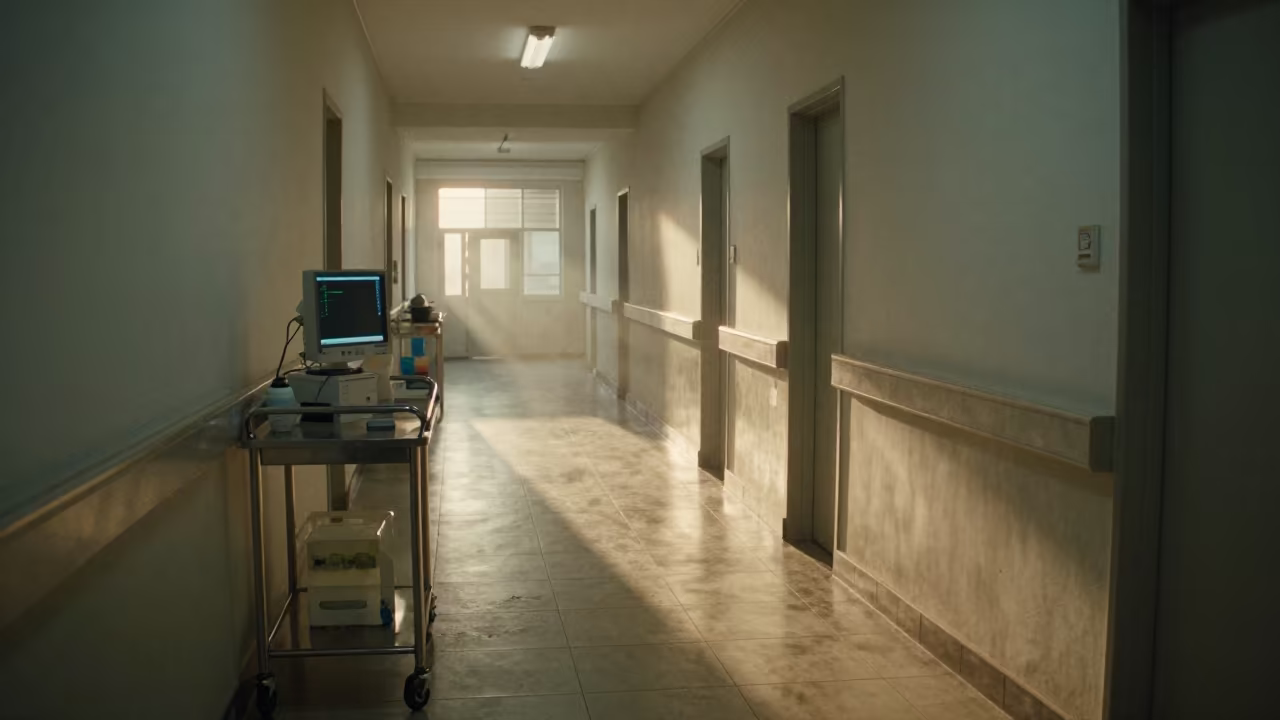 Medication Cart Dawn Light Abeokuta Corridor in at a nurse station under monitor glow in Abeokuta