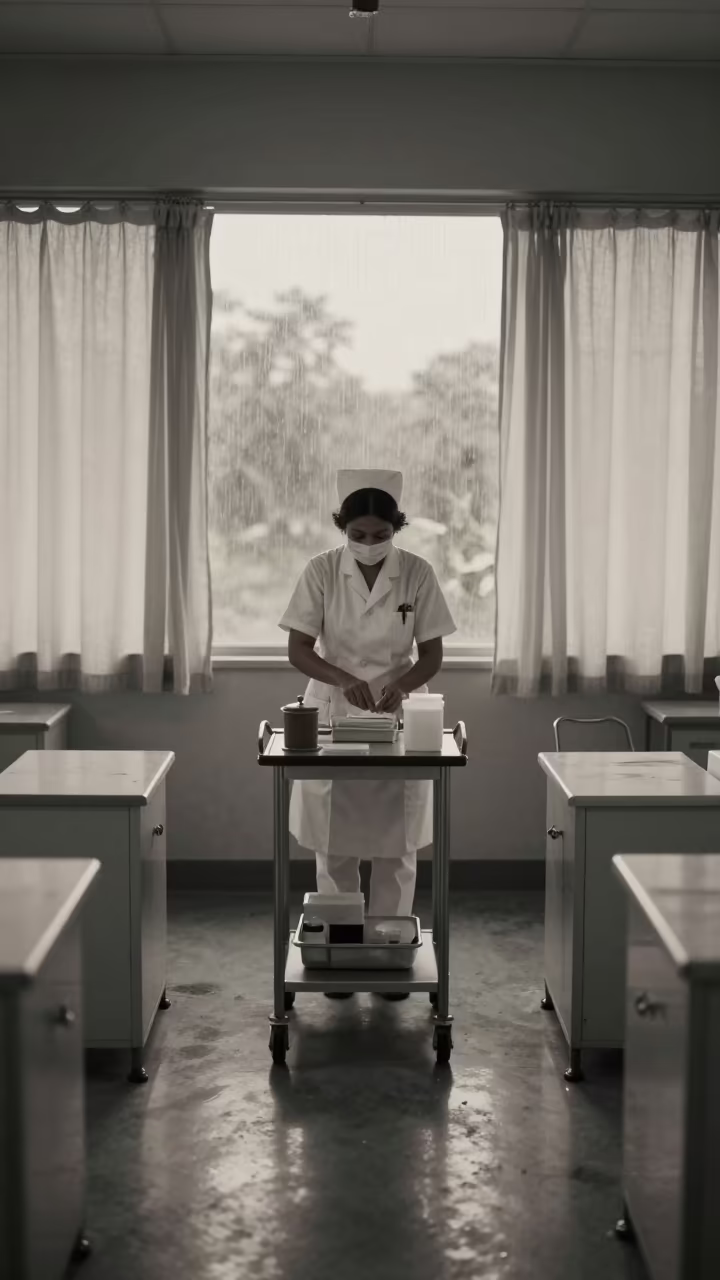Medication Cart and Tiny Buildings at Dawn in in a surgical prep area in Jalgaon
