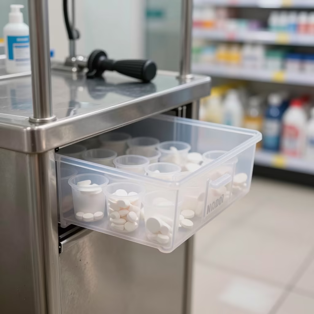 Medication Cup Drawer at Dog Wash Nador in at a self-serve dog wash station in Nador